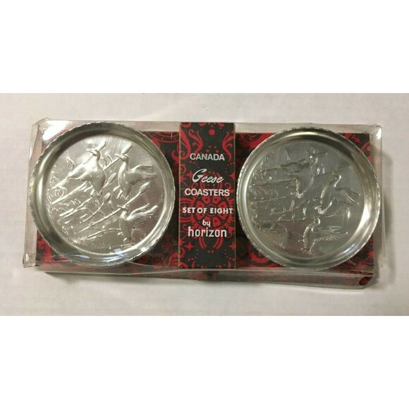 New Canada Geese Coasters By Horizon Box Of 8 Metal Stamped Silver Color NOS 3" - Picture 1 of 3